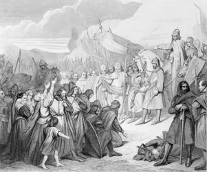 Karl der Große empfängt die Kapitulation von Witikind in Paderborn im Jahr 785, graviert von Joubert